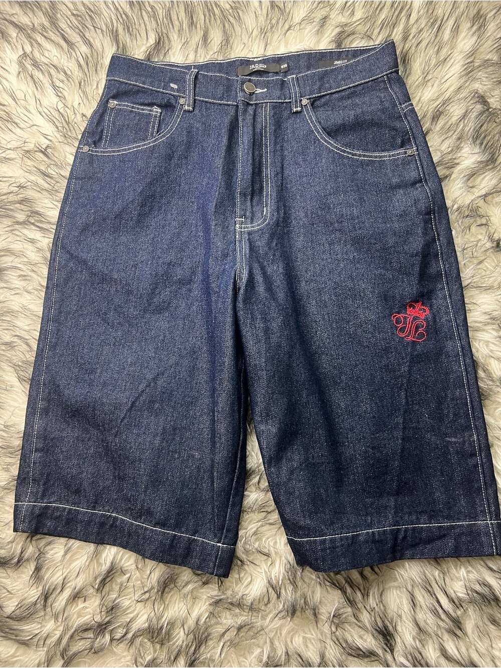 Jaded London Dark Blue Denim Men's Shorts with Red Embroidered Logo